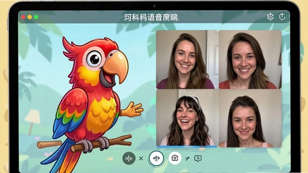 美鹦鹉语音房互动场景,多人连麦界面,卡通鹦鹉主持风格