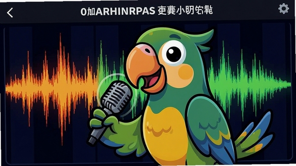 美鹦鹉变声功能界面展示,卡通鹦鹉手持麦克风,背景为声波频谱图