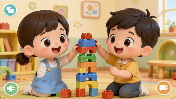 宝宝爱分享软件中两个卡通小朋友合作搭建积木塔的互动画面,背景是温馨的幼儿园场景