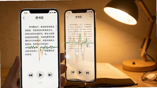 煲书匠APP界面展示,手机屏幕中显示电子书文本正在转换为语音波形,界面简洁清新,带有播放控制按钮,背景为温暖的阅读灯光氛围