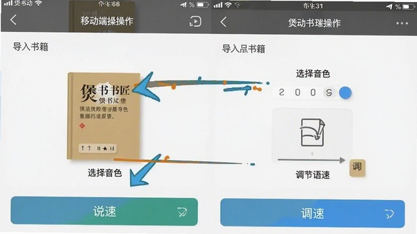 煲书匠移动端操作界面截图,展示导入书籍、选择音色、调节语速等操作步骤,画面清晰直观,带有箭头标注说明