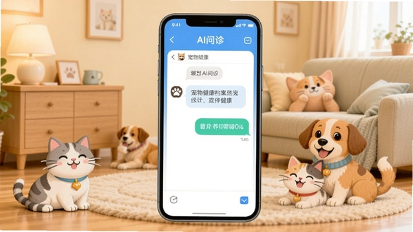 养宠帮软件界面展示,手机屏幕中显示宠物健康档案与AI问诊对话框,背景为温馨的居家养宠场景,卡通猫狗元素点缀,整体风格清新明快