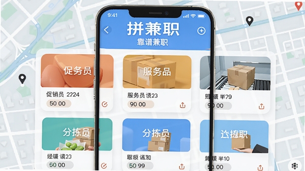 拼兼职APP首页展示附近兼职岗位列表,界面简洁清晰,手机屏幕中显示促销员、服务员、分拣员等岗位卡片,背景是城市地图,整体风格明亮现代,突出“拼兼职”软件名称和“靠谱兼职”标语