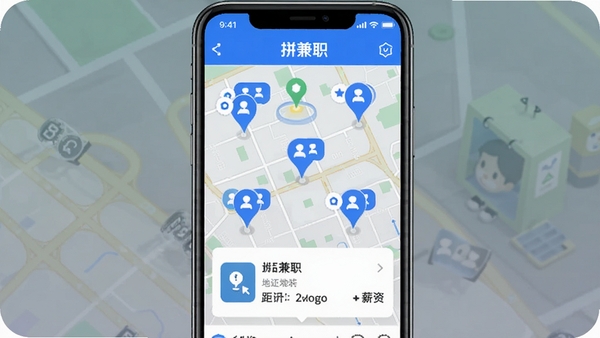 拼兼职APP附近兼职功能界面,手机地图上显示多个兼职岗位标记点,下方弹出岗位卡片显示距离和薪资,界面以蓝白色调为主,清晰展示“拼兼职”品牌标识,突出智能推荐和地理位置匹配功能