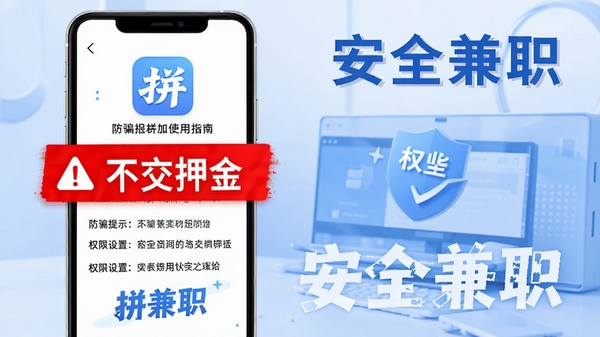 拼兼职APP安全使用指南示意图,手机屏幕显示防骗提示和权限设置界面,红色警示标志突出“不交押金”字样,背景为蓝白色调,包含拼兼职软件图标和“安全兼职”标语