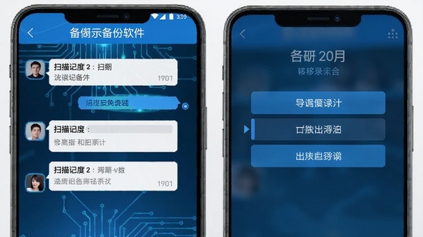 聊天记录备份转移软件界面截图,手机屏幕显示聊天记录扫描进度和导出选项,蓝色科技风格,清晰展示软件名称
