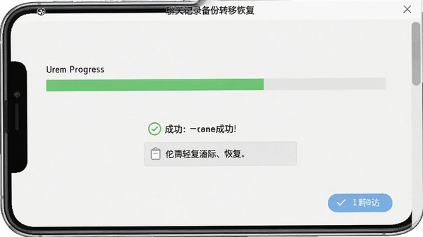 聊天记录备份转移软件数据恢复界面截图,显示恢复进度条和成功提示,手机界面简洁明了,突出软件名称