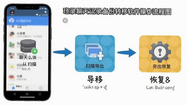 聊天记录备份转移软件操作流程图,展示从扫描到导出再到恢复的完整步骤,手机界面配文字说明,突出软件名称