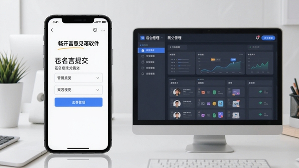 畅开言意见箱软件界面展示,手机屏幕中显示匿名意见提交页面和后台管理看板,简洁现代风格
