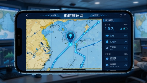 维运网APP船舶动态追踪功能界面,手机显示电子海图上的船舶位置标记与航线轨迹,蓝色科技风格,突出实时定位与航运管理场景