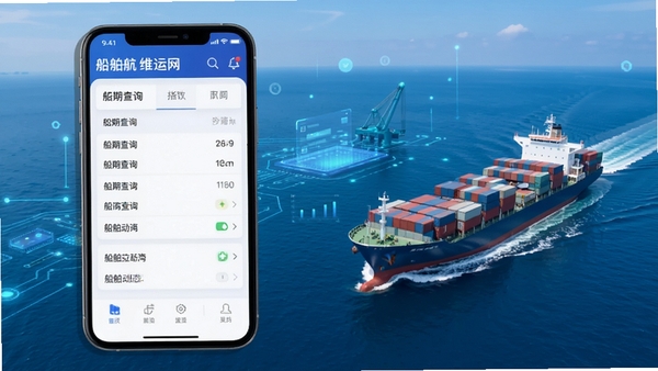 维运网APP船舶航运管理工具主界面展示,手机屏幕上显示船期查询列表和船舶动态地图,背景为蓝色海洋与货轮,科技感与专业感并存,高清UI设计风格