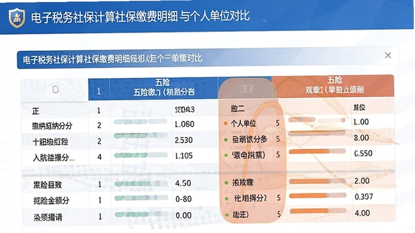电子税务社保计算社保缴费明细页面,展示五险缴纳金额拆分与个人单位对比表格