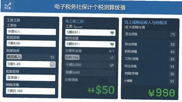 电子税务社保计算个税测算界面,展示输入工资后自动生成税后收入与纳税明细的截图