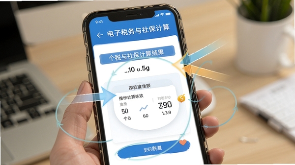 电子税务社保计算移动端操作界面,展示手机屏幕上的个税与社保计算结果,带有操作指引箭头