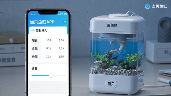 当贝鱼缸APP自动喂食设置页面,展示喂食时间表与份量调节滑块,手机旁有自动喂食器设备,突出智能投喂场景,包含当贝鱼缸软件名称