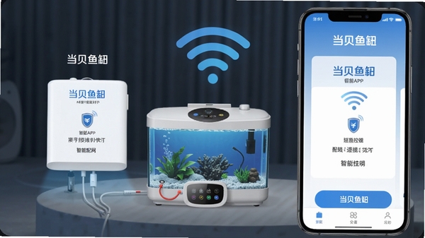 当贝鱼缸APP设备连接界面,展示手机与鱼缸设备配网过程,画面中有智能鱼缸、手机、WiFi信号图标,突出远程控制功能,包含当贝鱼缸文字标识