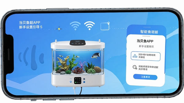 当贝鱼缸APP新手设置引导界面,手机屏幕显示配网步骤与注意事项,画面中有智能鱼缸设备、手机、WiFi图标,突出当贝鱼缸软件操作指引
