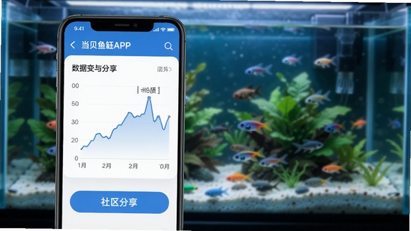 当贝鱼缸APP数据记录与分享界面,展示水质变化折线图和社区分享按钮,手机屏幕呈现图表与社交图标,背景为美丽的水族箱,突出当贝鱼缸数据管理功能