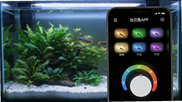 当贝鱼缸APP灯光控制界面,显示多种灯光模式选项与色温调节轮盘,手机屏幕发出柔和光线,背景为水草造景鱼缸,体现当贝鱼缸灯光管理功能