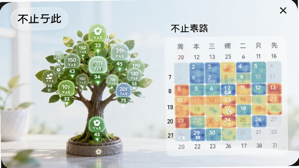 不止于此软件习惯打卡界面AI生图,展示一棵由打卡天数浇灌长大的虚拟小树,旁边有日历热力图,屏幕上有“不止于此”字样