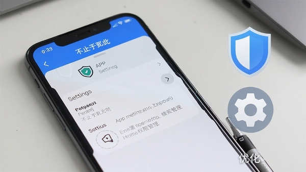 手机屏幕显示不止于此app的设置页面与权限管理界面,旁边有盾牌和齿轮图标,代表安全与优化