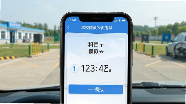 驾校精灵Pro模拟考试界面展示,手机屏幕显示科目一模拟考试题目和倒计时,界面简洁清爽,蓝色主题色调,背景为驾校训练场