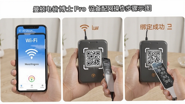 ���ٵ粩ʿPro�豸������������ʾ��ͼ��չʾ�ֻ�����Wi-Fi��ɨ���豸��ά�롢�󶨳ɹ���������