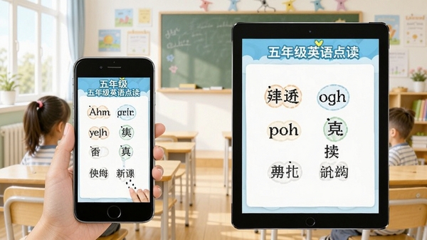 五年级英语点读功能展示,手机和平板同时显示英语课本点读界面,有英文句子和中文翻译对照,背景为明亮的学习环境,突出软件名称五年级英语点读