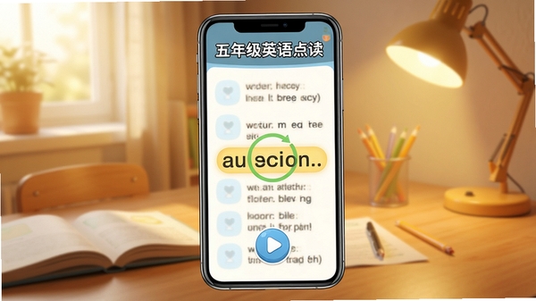 五年级英语点读软件界面展示,手机屏幕中呈现英语课本点读页面,有播放按钮和单词高亮,背景为温馨的书桌场景,软件名称五年级英语点读清晰可见