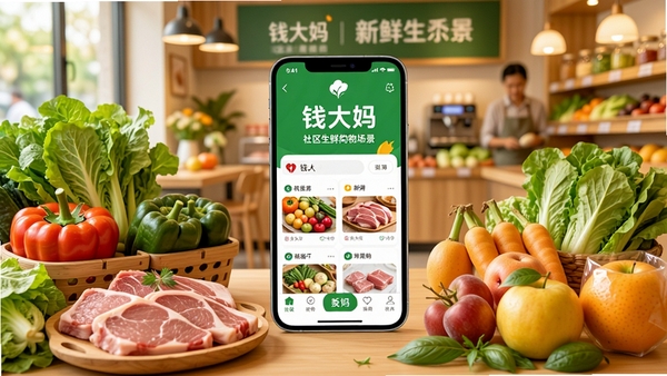 Ǯ����App�������ʹ��ﳡ��չʾͼ����������Ϊ�ֻ���Ļ��ʾǮ����App���棬��Χ���������߲ˡ����ࡢˮ��������ʳ�ģ�����Ϊ��ܰ�������ŵ껷��������ɫ���������£�ͻ����ݹ���������ʳ�ĵ�����