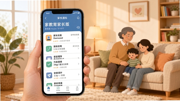 �ͽ����ҳ���APP����չʾ��У֪ͨ���ܣ��ֻ���Ļ��ʾѧУ֪ͨ�б���������ܰ��ͥ�������ִ���ƽ����Ʒ��