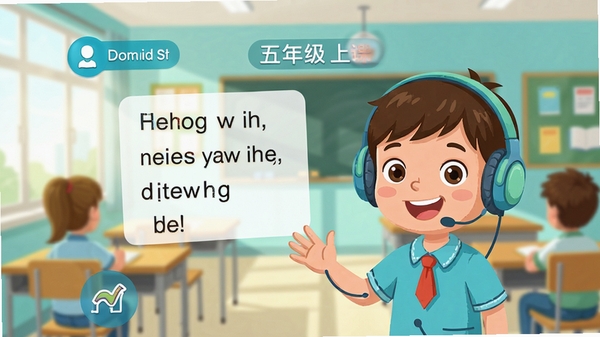 五年级英语上册APP首页展示,教材同步点读界面,卡通小学生戴着耳机跟读英语课文,明亮教室背景,教育类APP界面风格,清新蓝绿色调,高清UI展示图