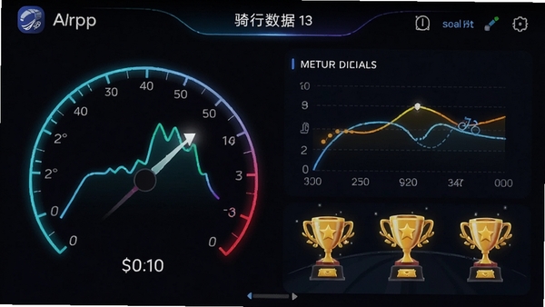 摩友App骑行数据仪表盘,速度曲线与倾角数据可视化,排行榜奖杯图标,暗黑背景霓虹光效