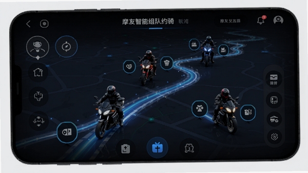 摩友App智能组队约骑界面,多辆摩托车在地图路线上集结,暗黑风格UI,科技感光效,突出社交匹配功能