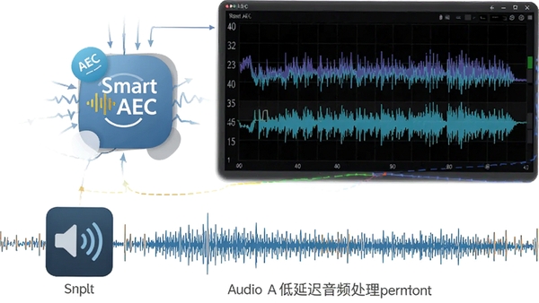 Smart AEC 低延迟音频处理技术示意图,展示音频信号从输入到输出的快速处理流程,画面中包含Smart AEC软件图标和实时波形监测界面