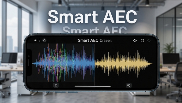 Smart AEC 实时噪声抑制功能演示,手机屏幕显示音频波形从杂乱到清晰的变化过程,背景为现代化办公场景,突出软件名称Smart AEC的降噪效果
