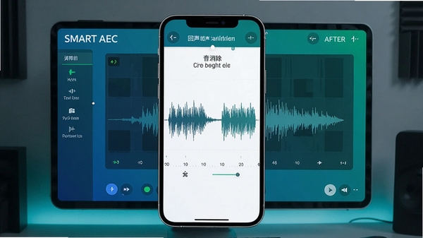 Smart AEC 音频处理工具主界面展示,现代化设计风格,蓝绿色调,手机屏幕中显示声波消除效果对比图,清晰展示回声消除前后的音频波形差异,突出专业音频处理功能