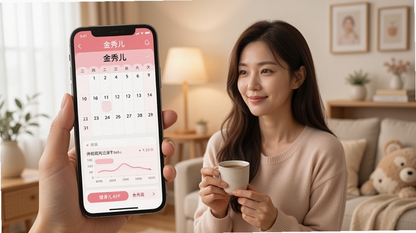 金秀儿APP主界面展示,手机屏幕显示粉色系日历与排卵记录图表,背景温馨居家环境,柔和光线,现代简约风格,突出健康管理主题,软件名称金秀儿清晰可见