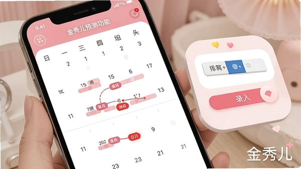 金秀儿排卵预测功能界面,手机屏幕显示日历上标注粉色易孕期与红色排卵日,旁边有试纸结果录入按钮,温馨粉色主题,AI生成风格,软件名称金秀儿水印