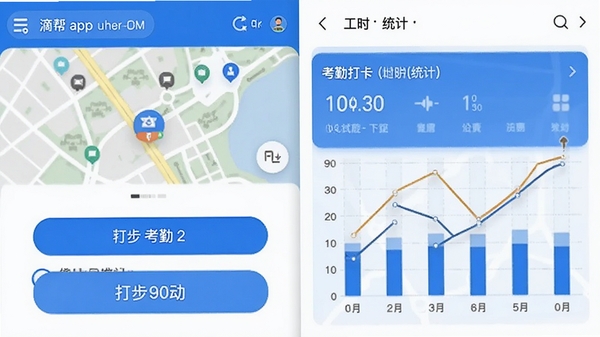 滴帮app考勤打卡与地图定位界面截图,展示打卡按钮和工时统计图表,商务蓝色调
