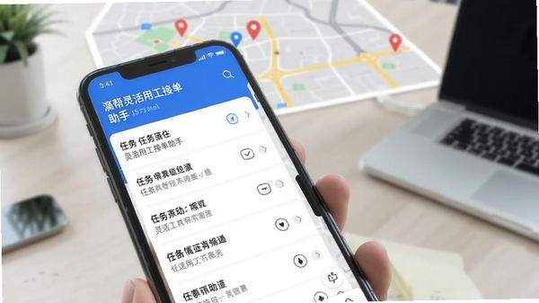 滴帮灵活用工接单助手手机界面展示,蓝白配色,任务列表与地图定位清晰可见,现代商务风格