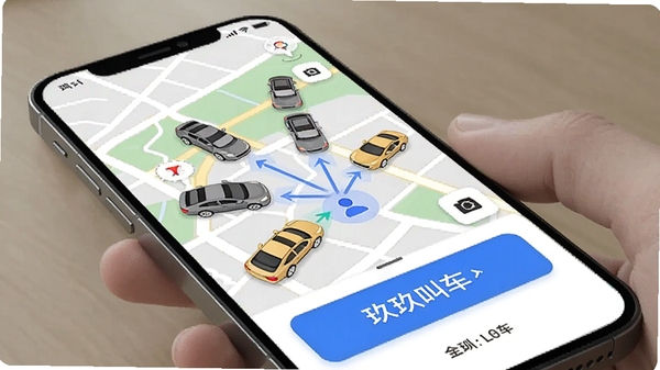 玖玖约车一键叫车功能展示图,手机屏幕显示地图上多个车辆图标向用户位置汇聚,界面有醒目的叫车按钮