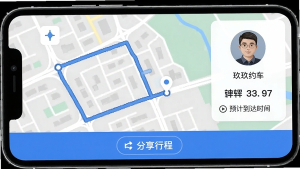 玖玖约车行程追踪界面示意图,展示地图轨迹、司机头像、车牌号及预计到达时间,界面底部有分享行程按钮