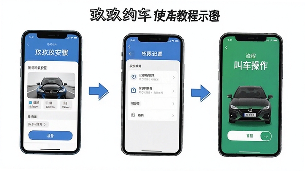 玖玖约车使用教程示意图,展示手机安装步骤、权限设置界面和叫车操作流程,以图文结合方式呈现