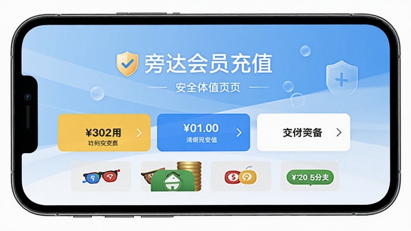 旁达会员充值页面展示,手机界面显示多种充值金额选项和支付方式图标,背景为淡蓝色渐变,突出安全支付标识,高清UI设计图