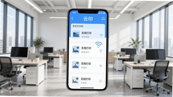 小篆云印手机APP主界面展示,简洁的蓝色调UI设计,手机屏幕中央显示附近打印机列表,背景是现代化的办公室环境,画面明亮清晰,突出无线打印的便捷性