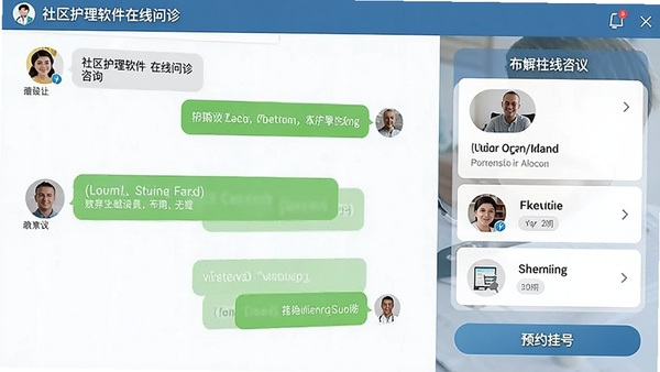 社区护理软件在线问诊功能界面截图,展示医生与用户文字对话、护理建议卡片、预约挂号按钮,关键词:在线问诊、社区护理、医生咨询