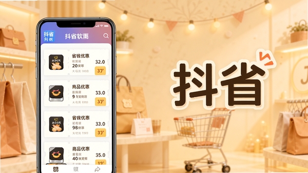 抖省软件主界面展示,手机屏幕中显示各类商品优惠券列表,背景为暖色调购物场景,突出省钱购物主题,画面简洁明亮,带有抖省软件名称标识