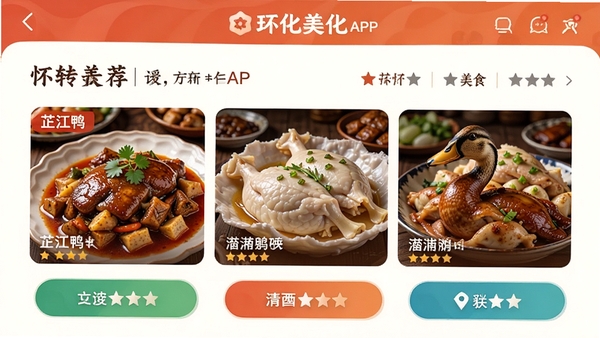 ��ת����APP��ʳ�Ƽ�ҳ�棬չʾ������ɫ��ʳ���ƽ�Ѽ�����ֶ죬����������ֺ͵�����ť����ƾ�������