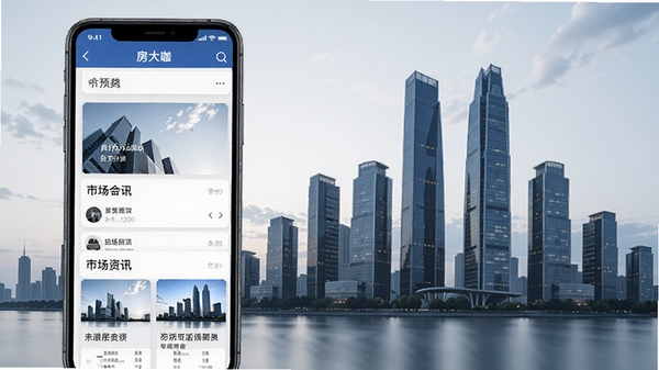 房大咖软件界面展示,手机屏幕上呈现房产知识分类列表和市场资讯卡片,背景为现代城市建筑剪影,整体风格简洁专业